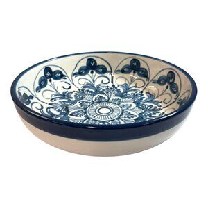 Handpainted Spanish Ceramic Serving 10" Bowl White Blue Floral Design By Pedraza